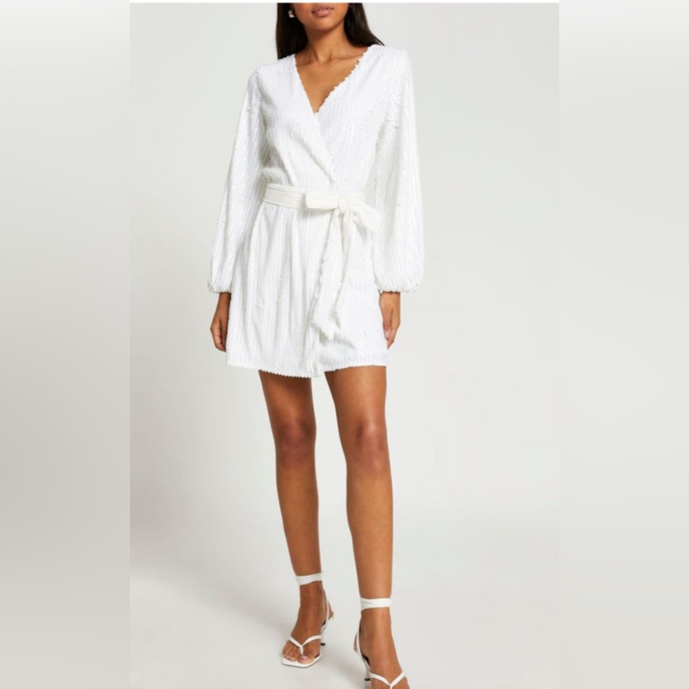 White long sleeve sequin wrap dress
